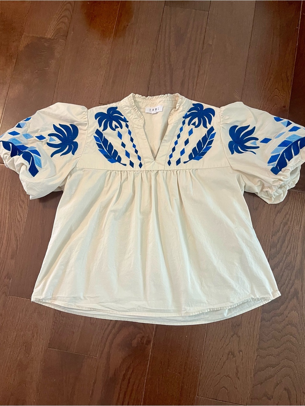 THML Cream Peasant Blouse with Blue Embroidery
